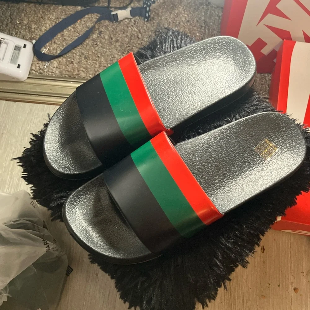 SHEIN Black Slide Sandals with Red and Green Stripes - Picture 5 of 7